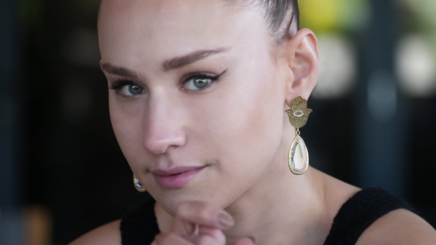 Hamza Earring with White Teardrop Stone in gold