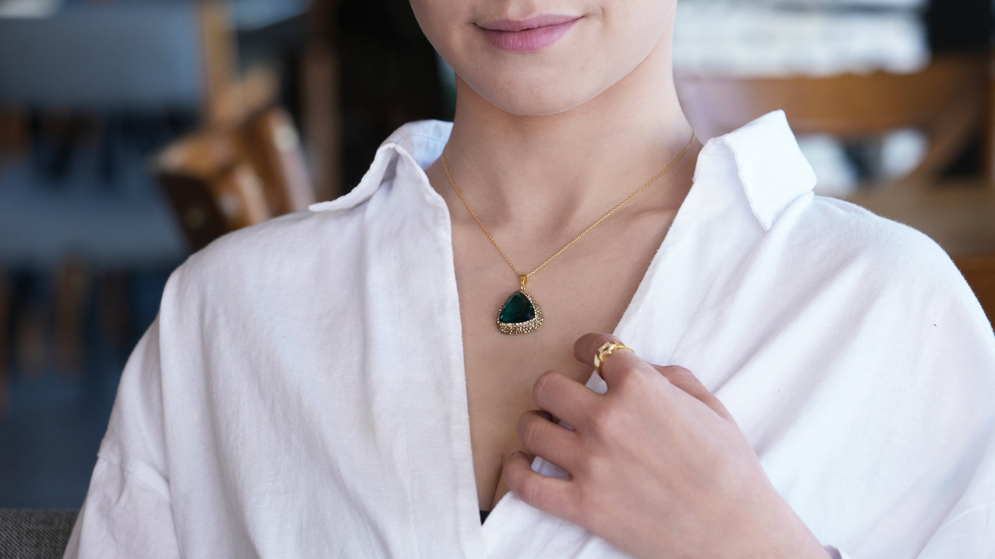 Triangle Pendant Necklace Navy Blue Stone