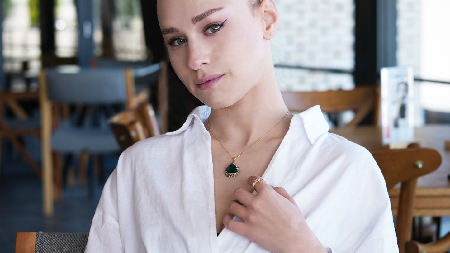 Triangle Pendant Necklace Navy Blue Stone