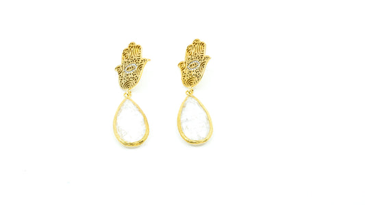 Hamza Earring with White Teardrop Stone in gold