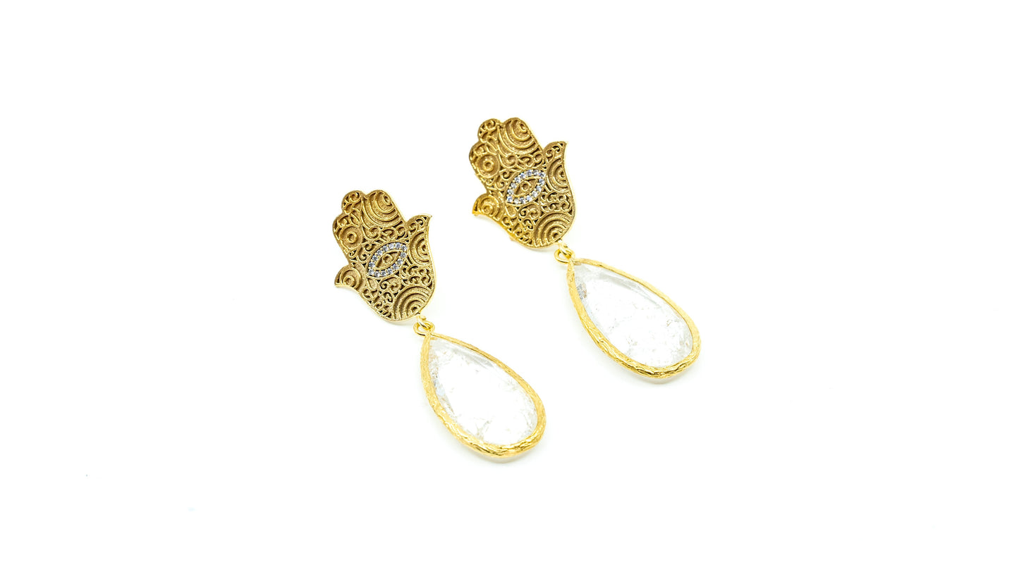 Hamza Earring with White Teardrop Stone in gold